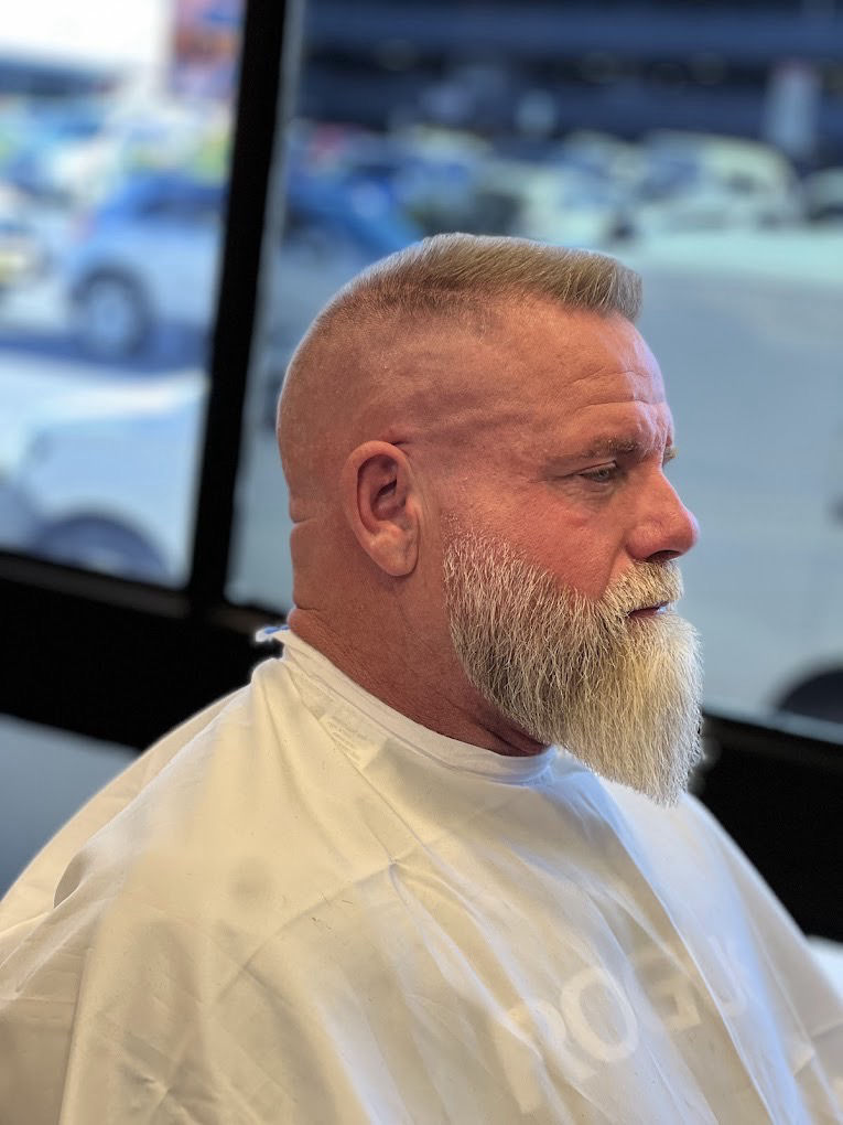 High and tight skin fade with a full grey beard at Golden Fadz Gosford