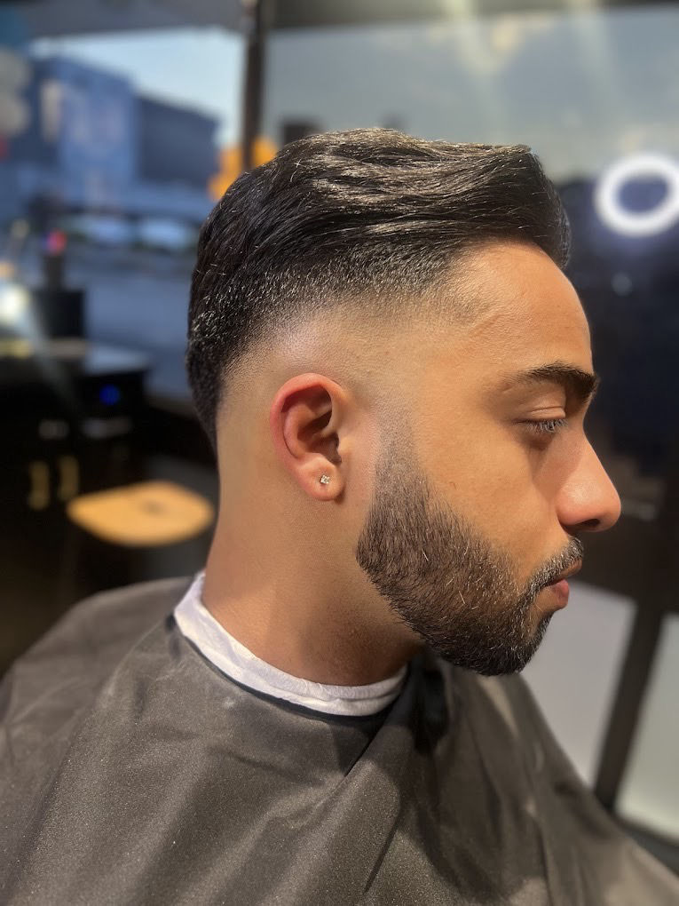 Pompadour with drop fade and beard line-up by Golden Fadz Gosford