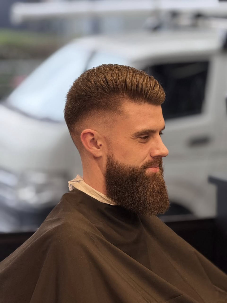 Taper fade with textured top and full beard, cut at Golden Fadz Gosford